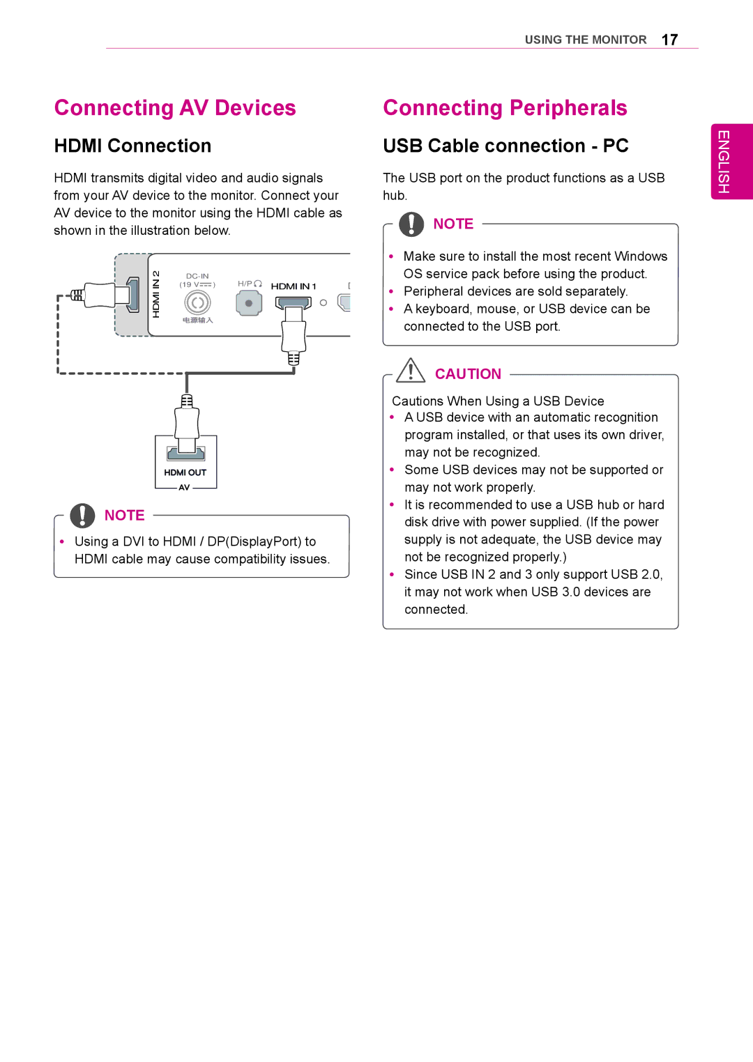 LG Electronics 34UM95-PD/ 34UM95-PE / 34UM94-PD Connecting AV Devices, Connecting Peripherals, USB Cable connection PC 