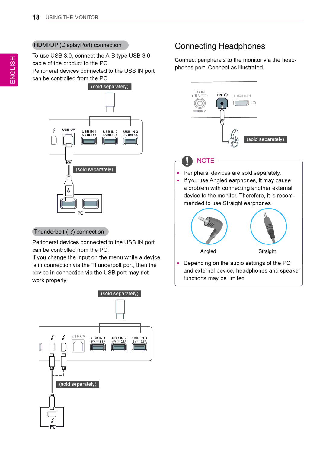 LG Electronics 34UM95-PD/ 34UM95-PE / 34UM94-PD owner manual Connecting Headphones, Thunderbolt connection 