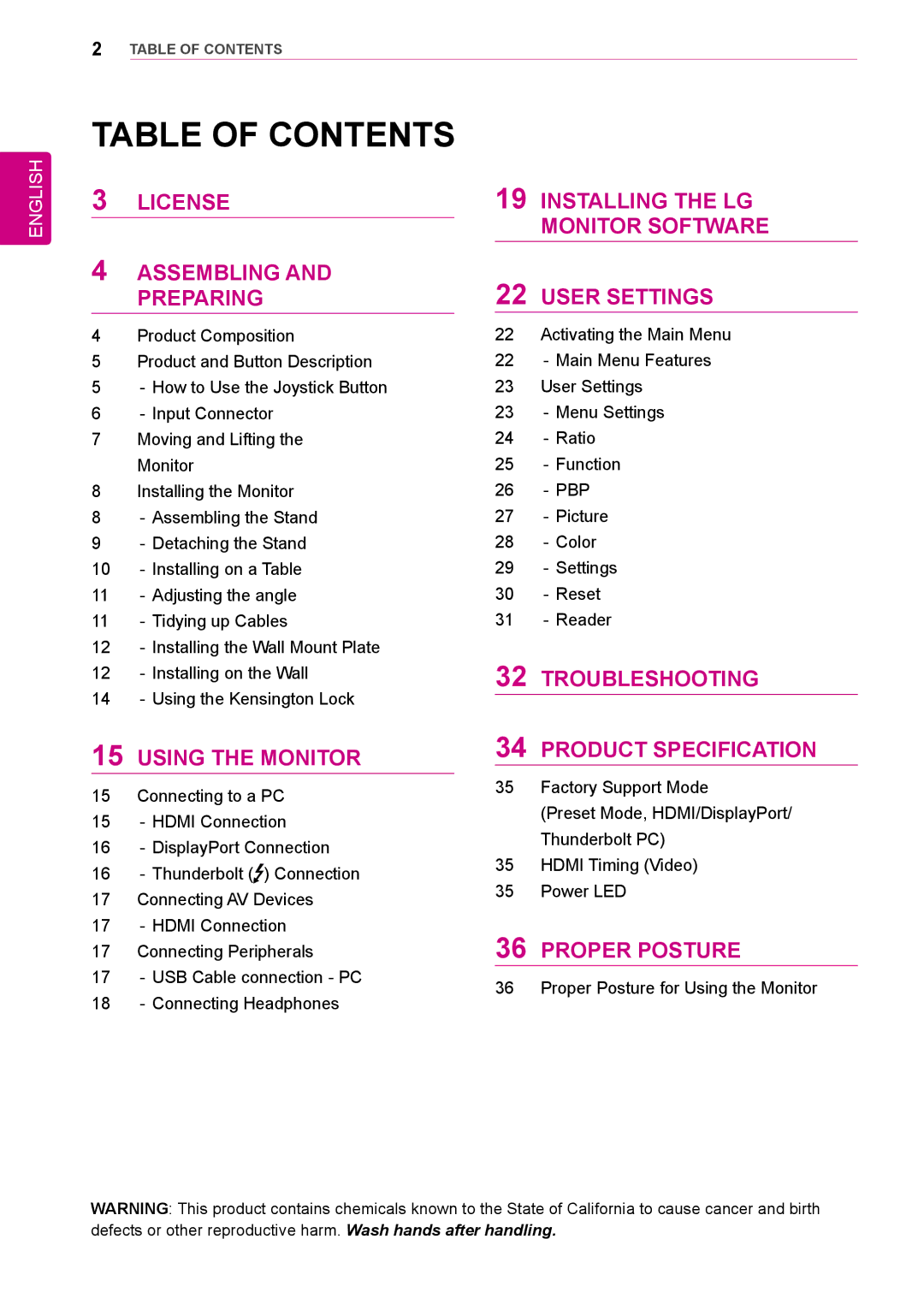 LG Electronics 34UM95-PD/ 34UM95-PE / 34UM94-PD owner manual Table of Contents 