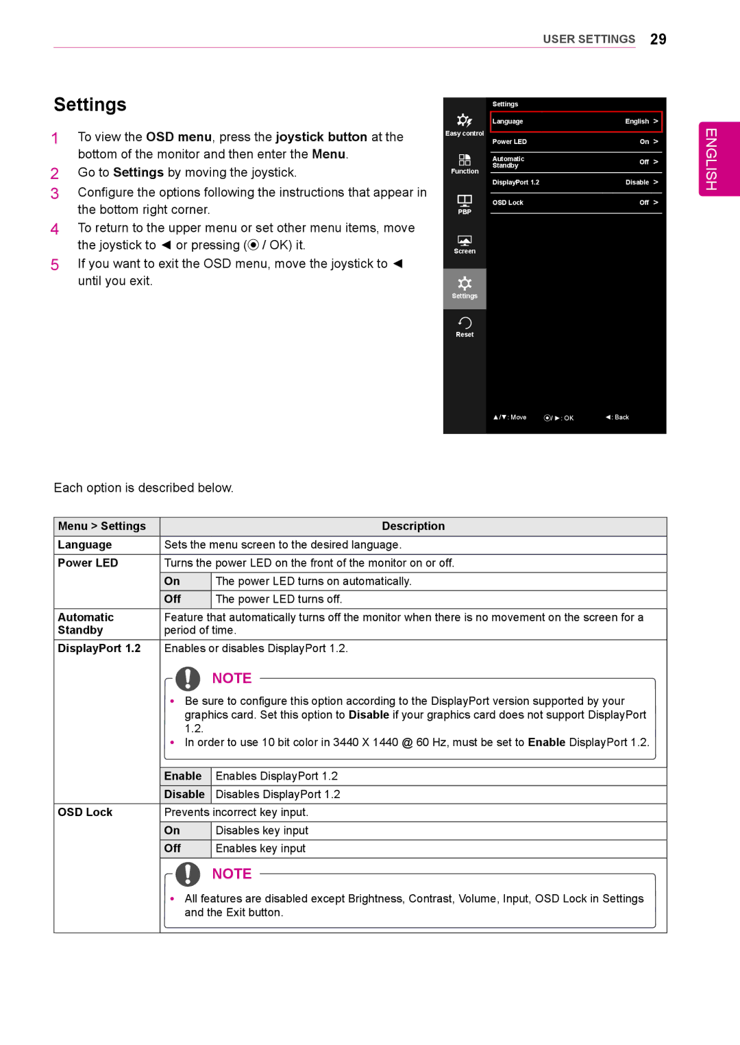 LG Electronics 34UM95-PD/ 34UM95-PE / 34UM94-PD owner manual Settings 