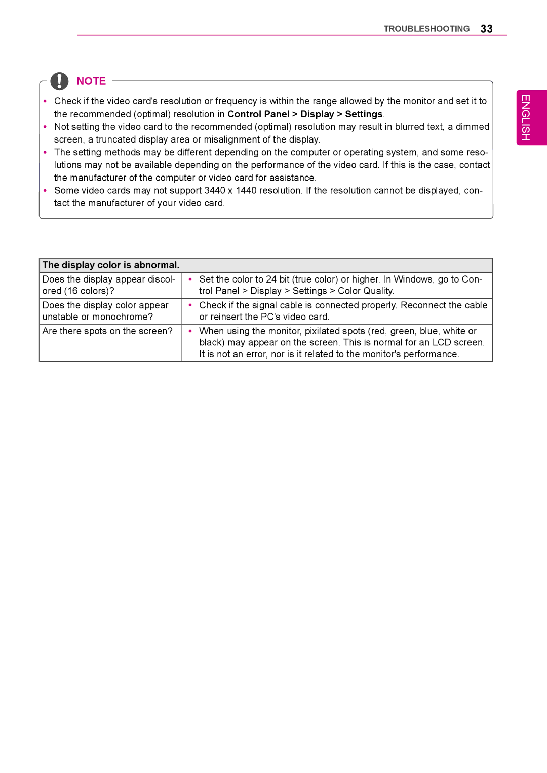 LG Electronics 34UM95-PD/ 34UM95-PE / 34UM94-PD owner manual Display color is abnormal 