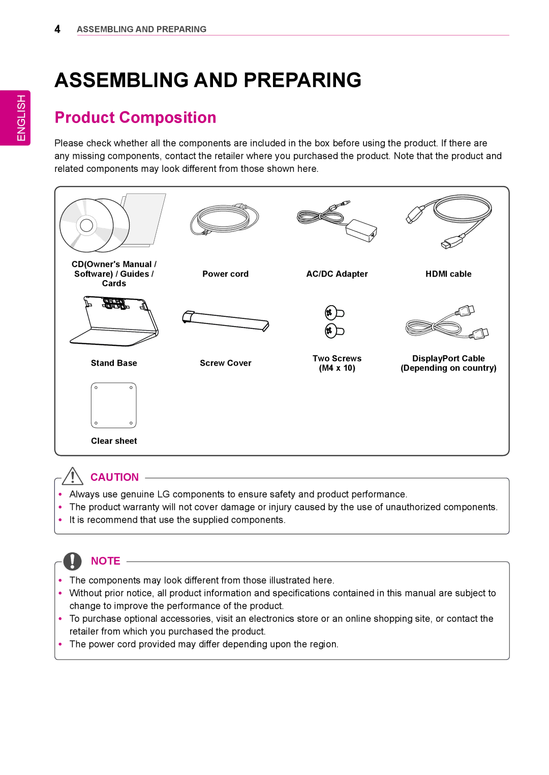 LG Electronics 34UM95-PD/ 34UM95-PE / 34UM94-PD owner manual Assembling and Preparing, Product Composition 