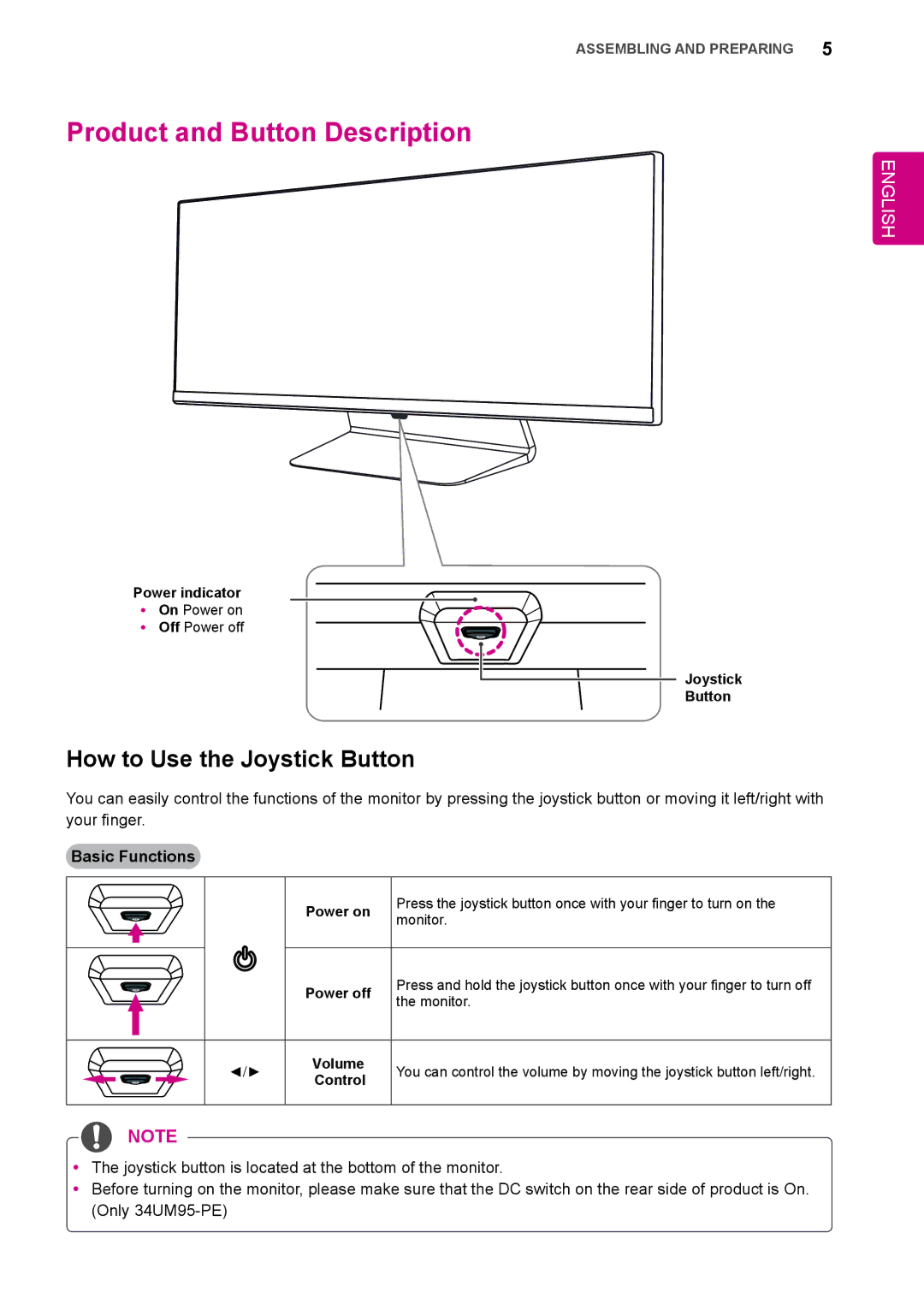 LG Electronics 34UM95-PD/ 34UM95-PE / 34UM94-PD owner manual Product and Button Description, How to Use the Joystick Button 