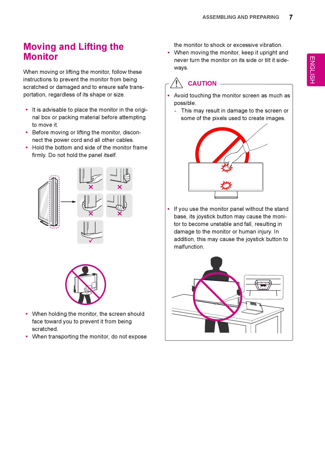 LG Electronics 34UM95-PD/ 34UM95-PE / 34UM94-PD owner manual Moving and Lifting, Monitor 