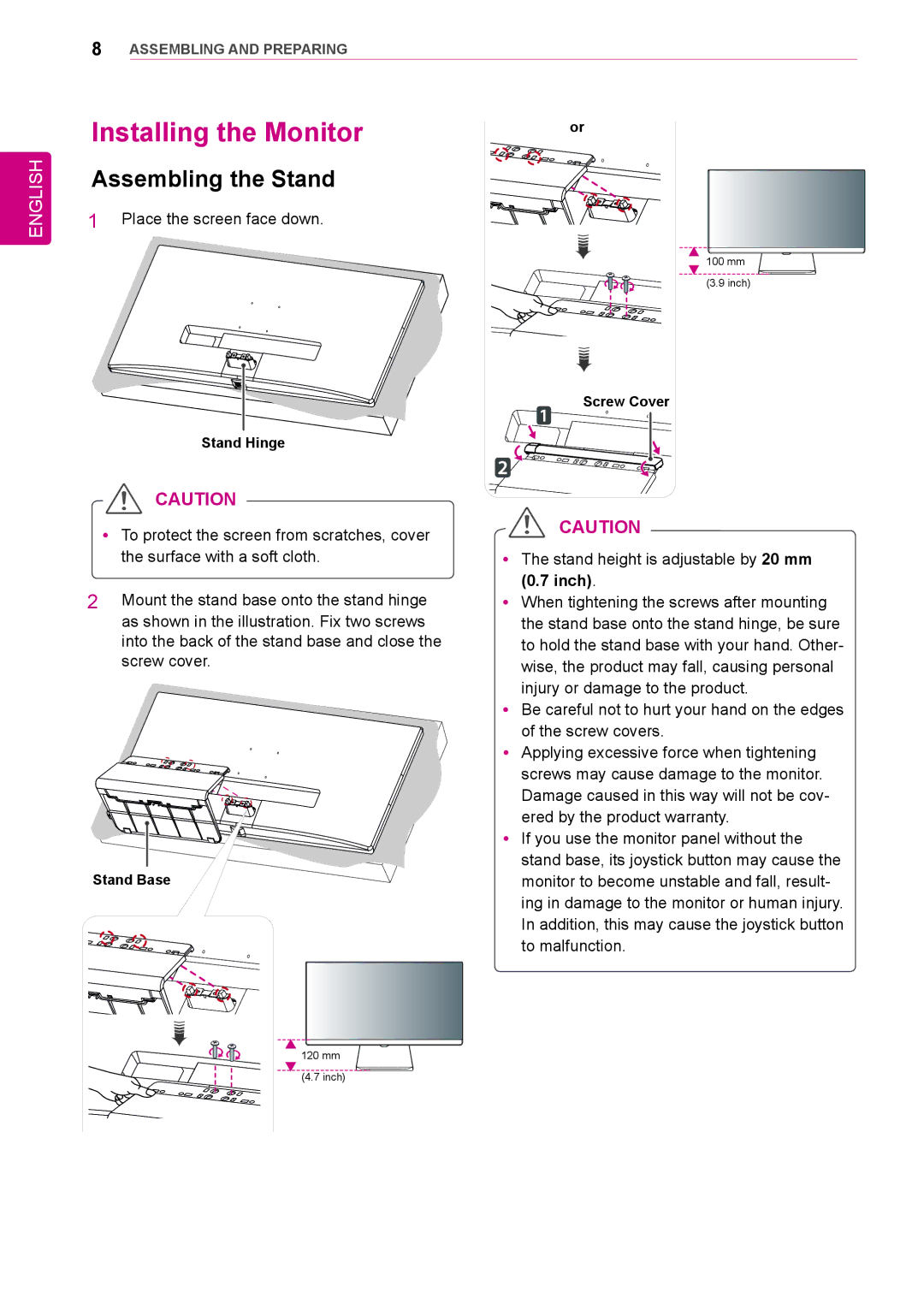 LG Electronics 34UM95-PD/ 34UM95-PE / 34UM94-PD owner manual Installing the Monitor, Assembling the Stand 