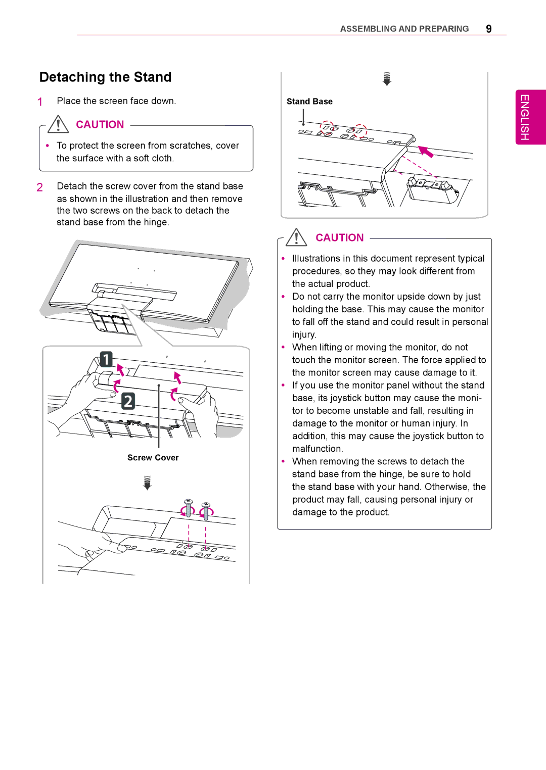 LG Electronics 34UM95-PD/ 34UM95-PE / 34UM94-PD owner manual Detaching the Stand, Place the screen face down 