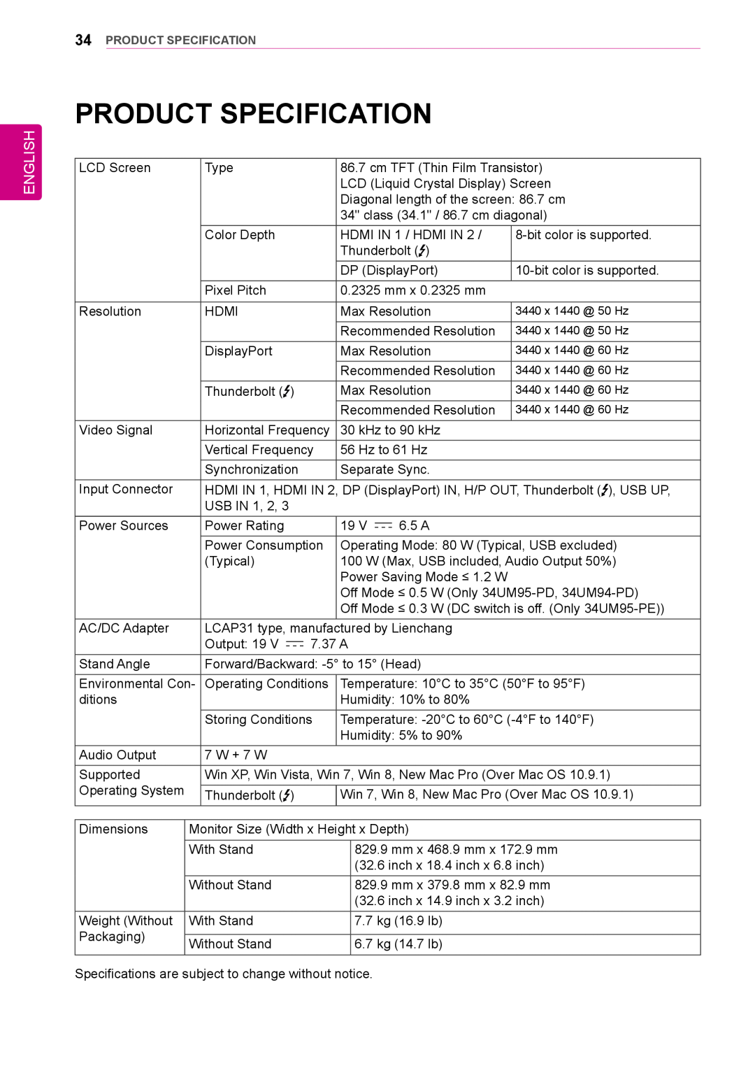 LG Electronics 34UM95-PD/ 34UM95-PE / 34UM94-PD owner manual Product Specification, English 