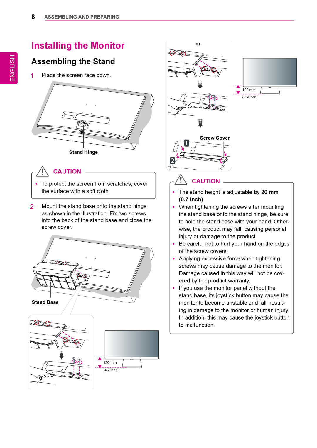 LG Electronics 34UM95-PD/ 34UM95-PE / 34UM94-PD owner manual Installing the Monitor, Assembling the Stand, English 