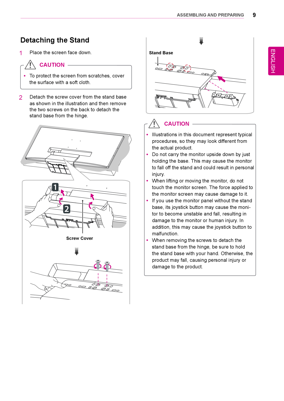 LG Electronics 34UM95-PD/ 34UM95-PE / 34UM94-PD owner manual Detaching the Stand, English, Place the screen face down 