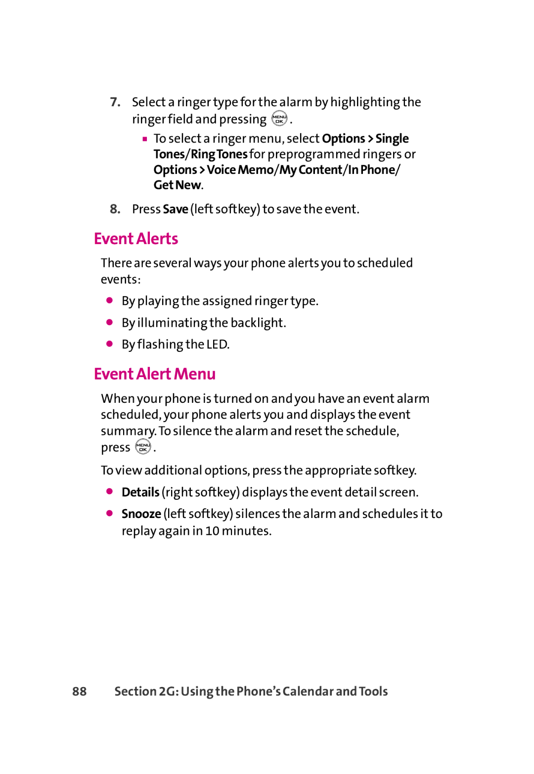 LG Electronics 350 manual Event Alerts, Event Alert Menu 