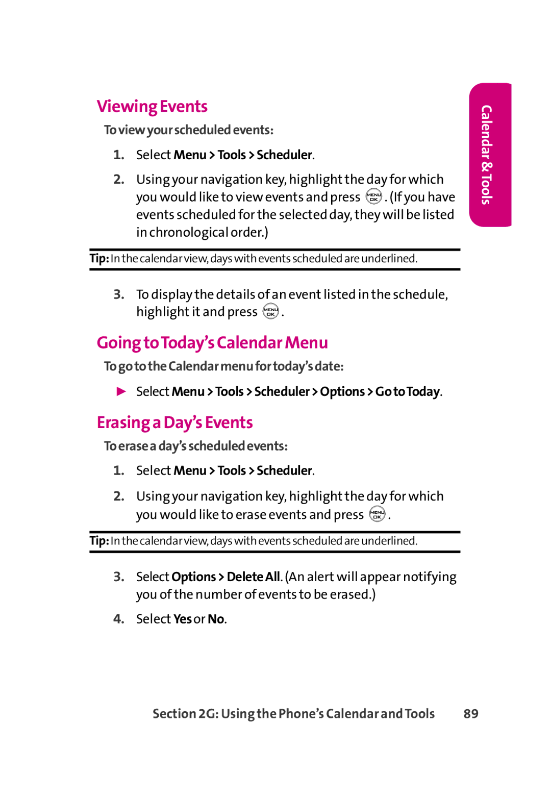 LG Electronics 350 manual Viewing Events, Going toToday’s Calendar Menu, Erasing a Day’s Events 