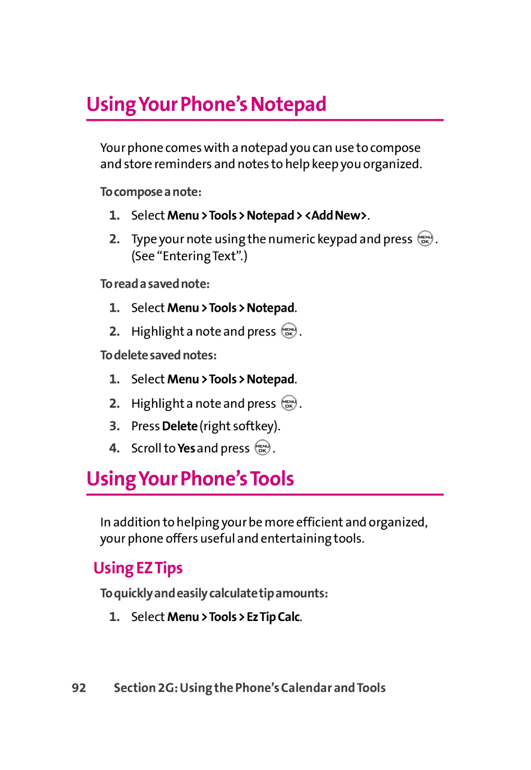 LG Electronics 350 manual UsingYour Phone’s Notepad, UsingYour Phone’sTools, Using EZTips 