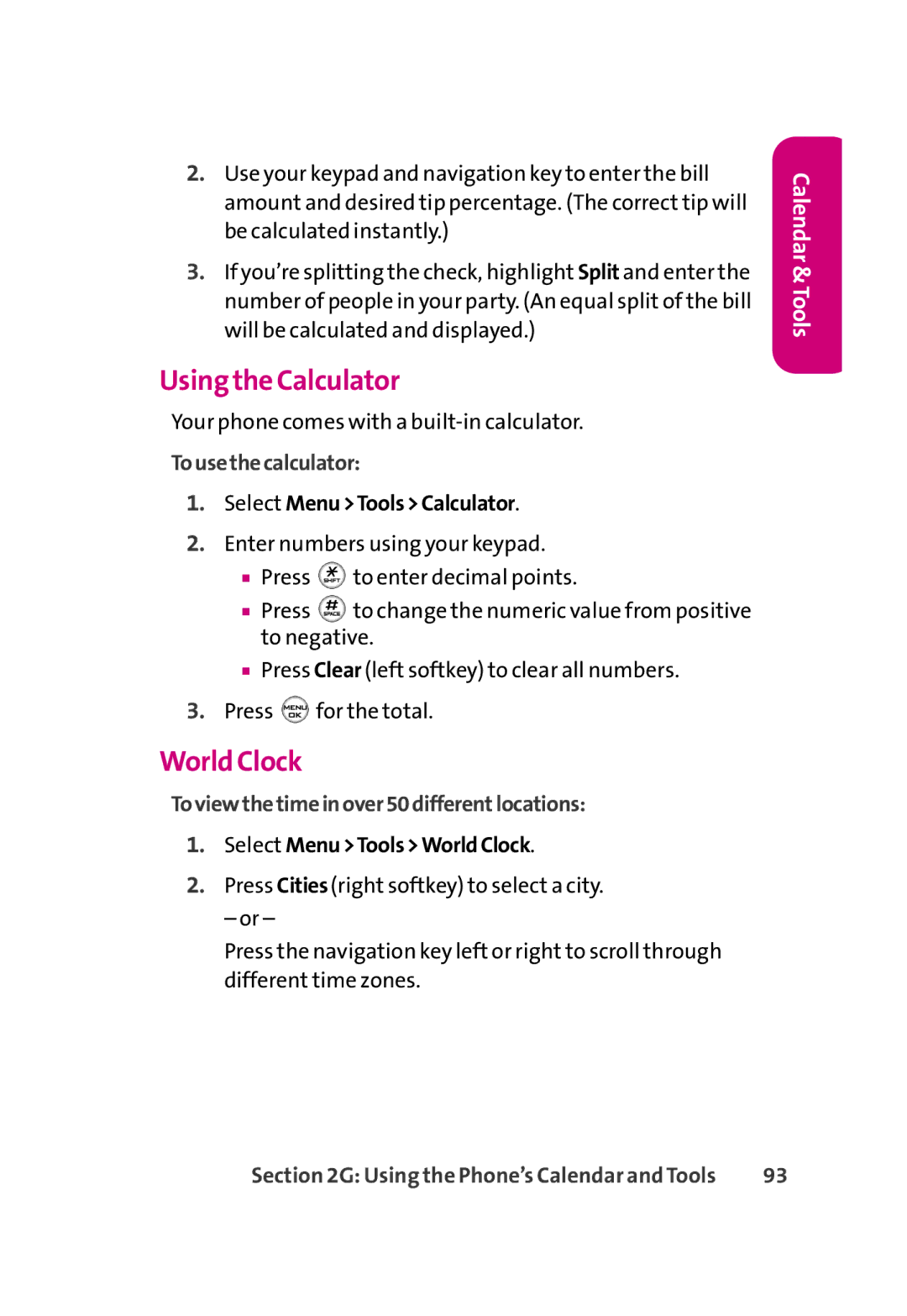 LG Electronics 350 manual Using the Calculator, World Clock, Tousethecalculator, Toviewthetimeinover50differentlocations 