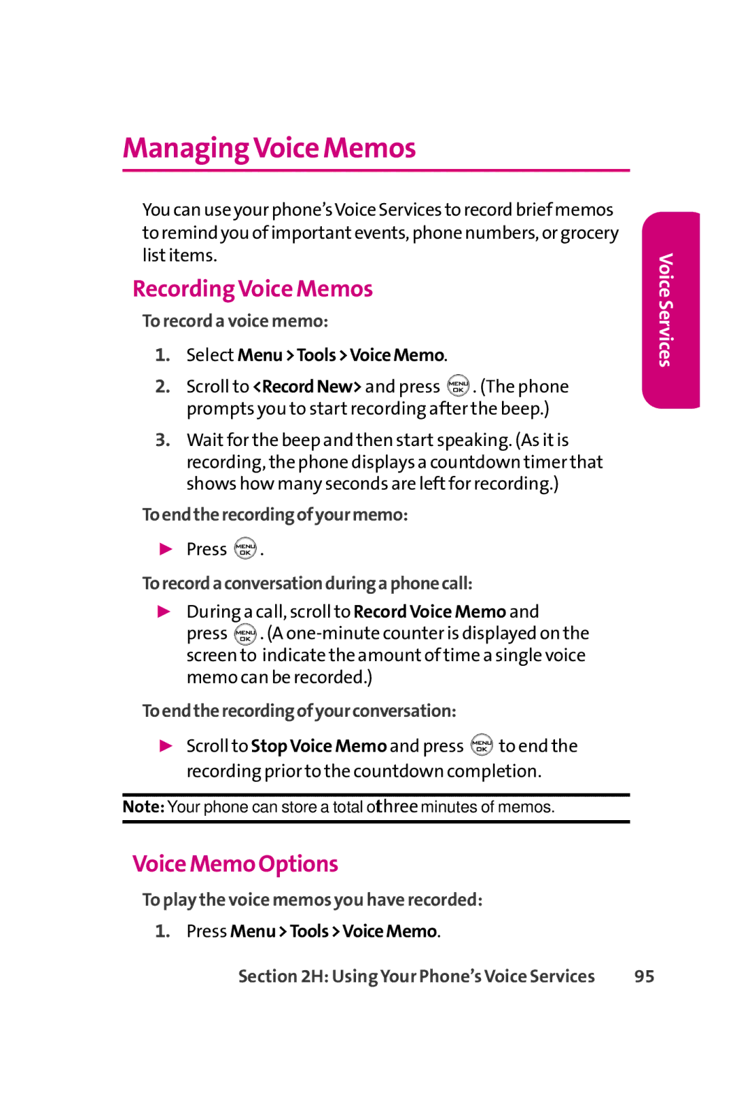 LG Electronics 350 manual Managing Voice Memos, Recording Voice Memos, Voice Memo Options 