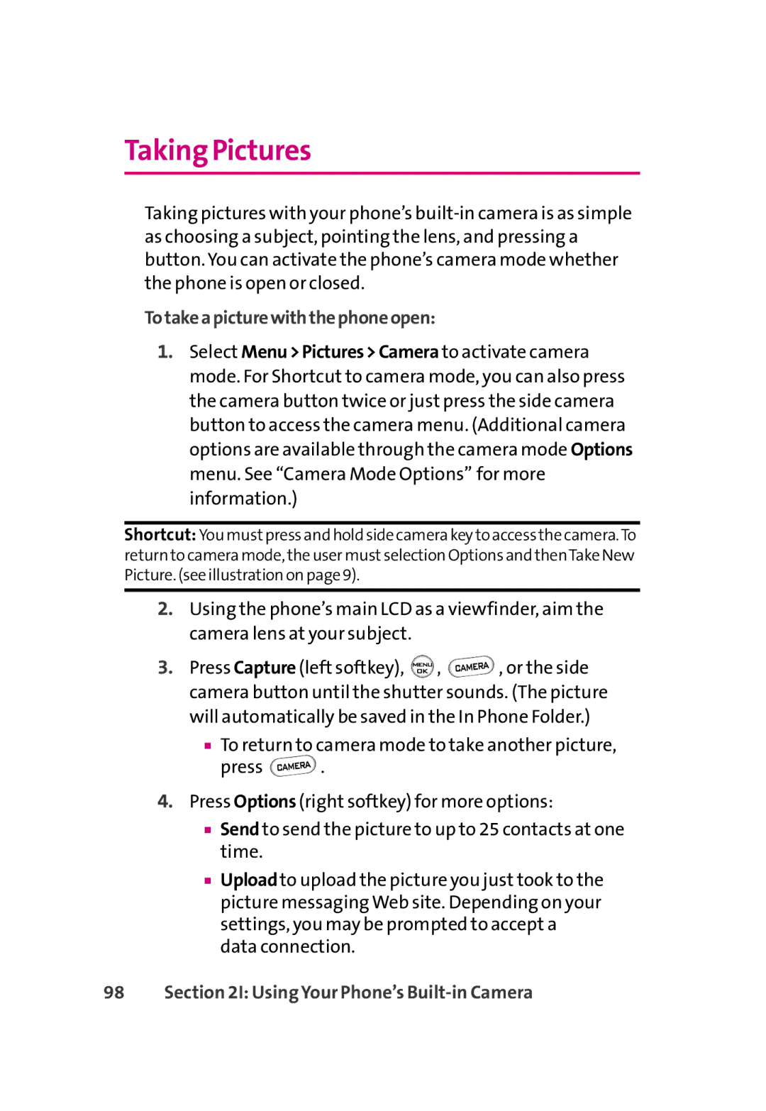 LG Electronics 350 manual Taking Pictures, Totakeapicturewiththephoneopen, Using Your Phone’s Built-in Camera 