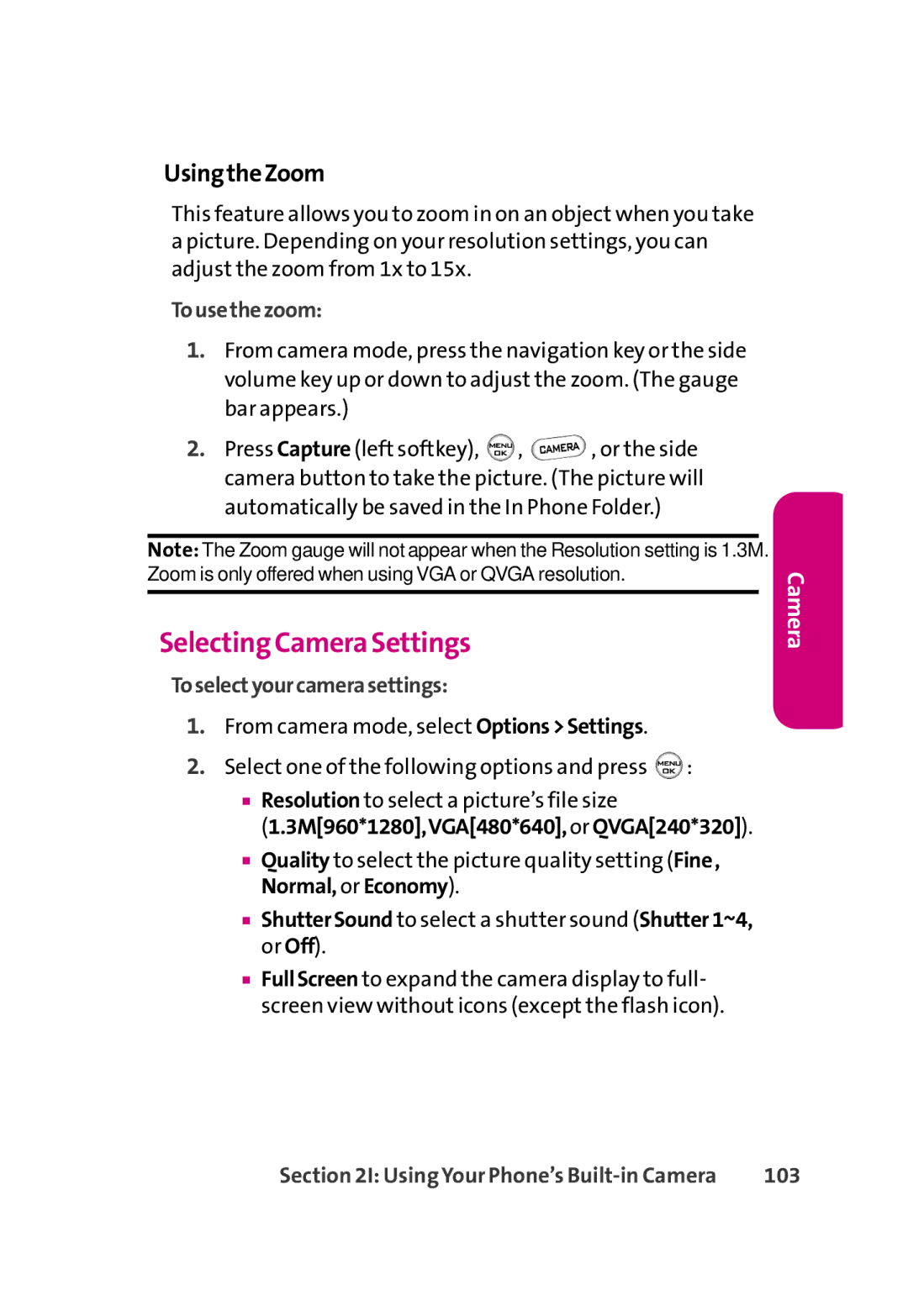 LG Electronics 350 manual Selecting Camera Settings, UsingtheZoom, Tousethezoom, Toselectyourcamerasettings, 103 