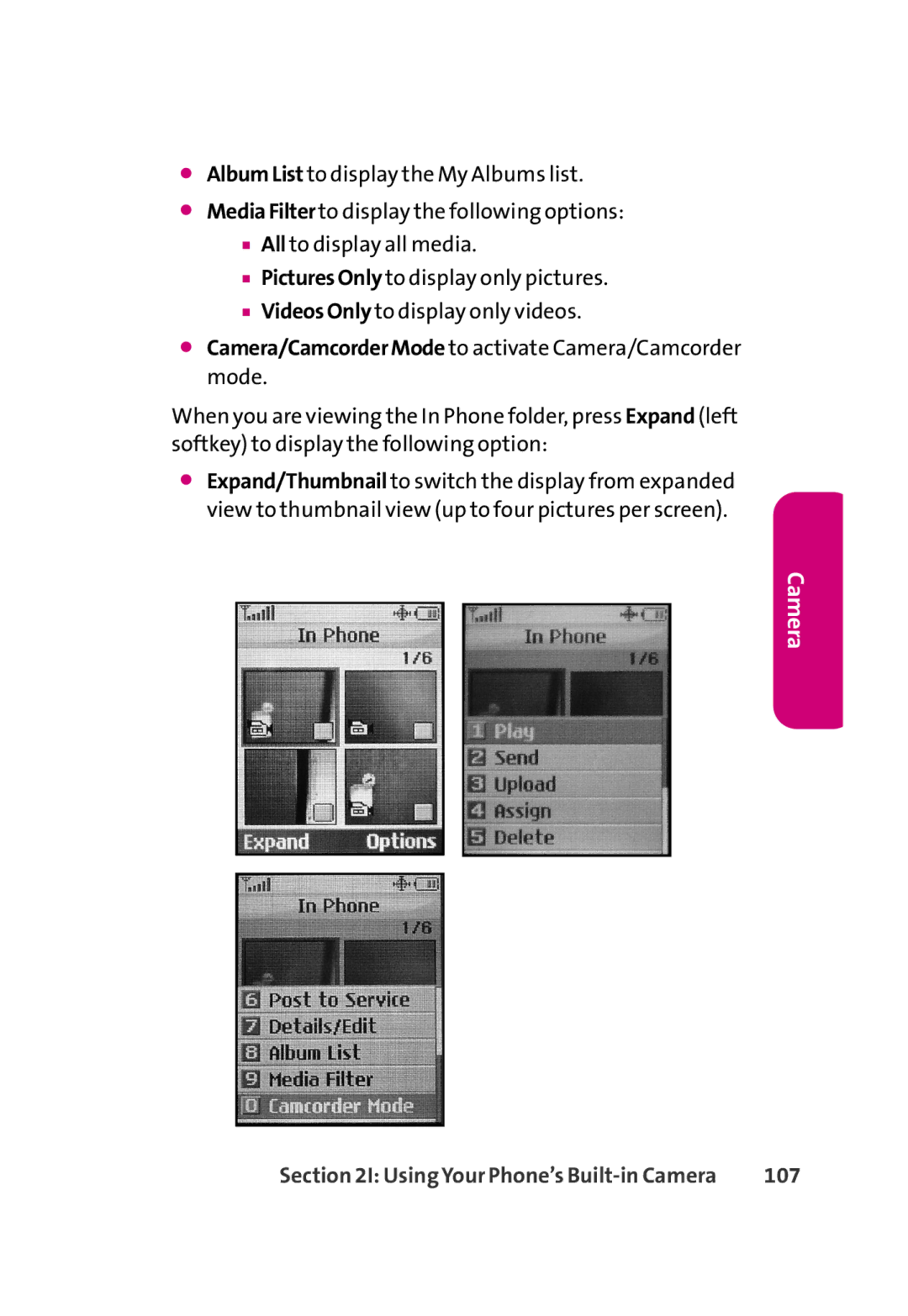 LG Electronics 350 manual Camera/CamcorderMode to activate Camera/Camcorder mode, 107 