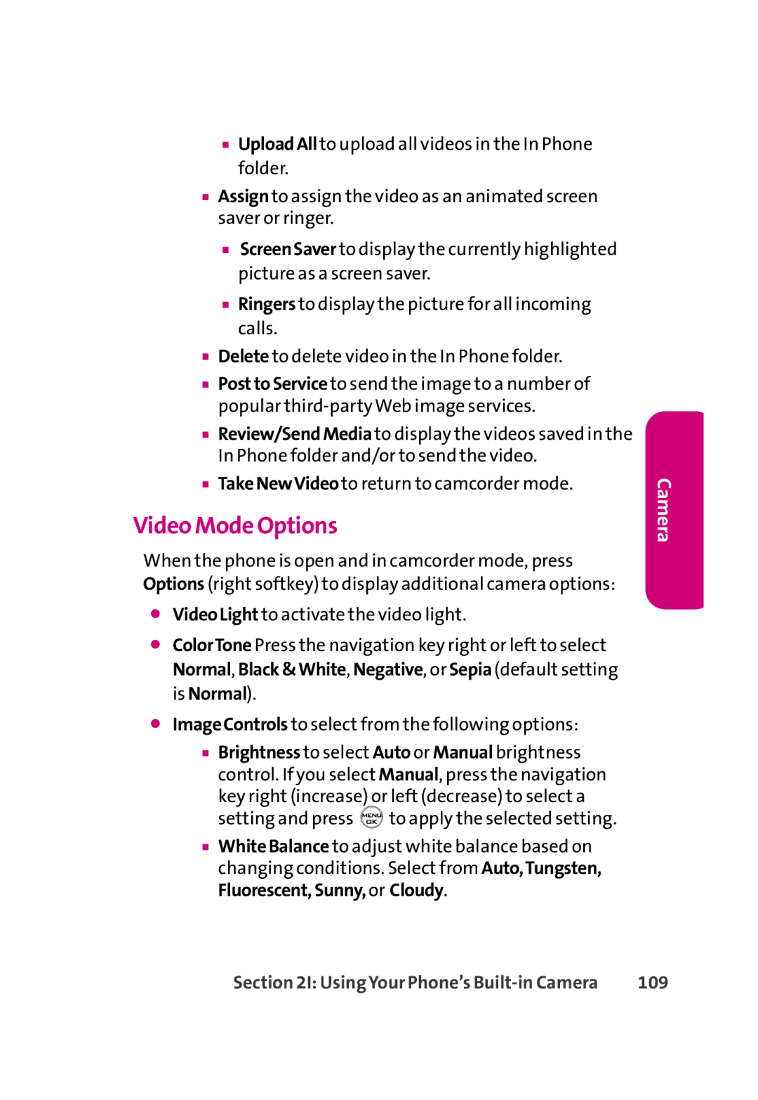 LG Electronics 350 manual Video Mode Options, 109 