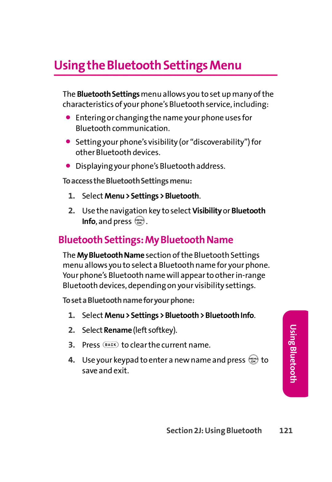 LG Electronics 350 manual Using the Bluetooth Settings Menu, Bluetooth Settings My Bluetooth Name, 121 