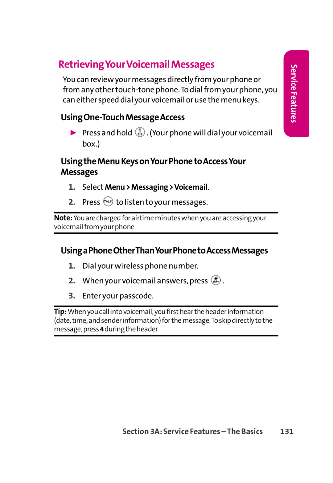 LG Electronics 350 manual RetrievingYourVoicemail Messages, UsingOne-TouchMessageAccess, 131 