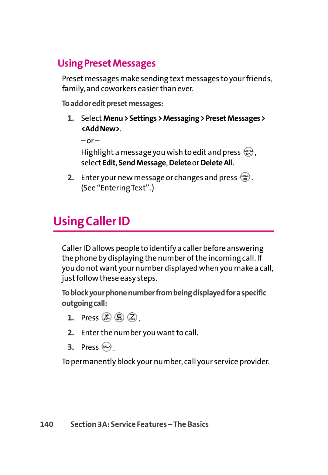 LG Electronics 350 manual Using Caller ID, Using PresetMessages, Toaddoreditpresetmessages 