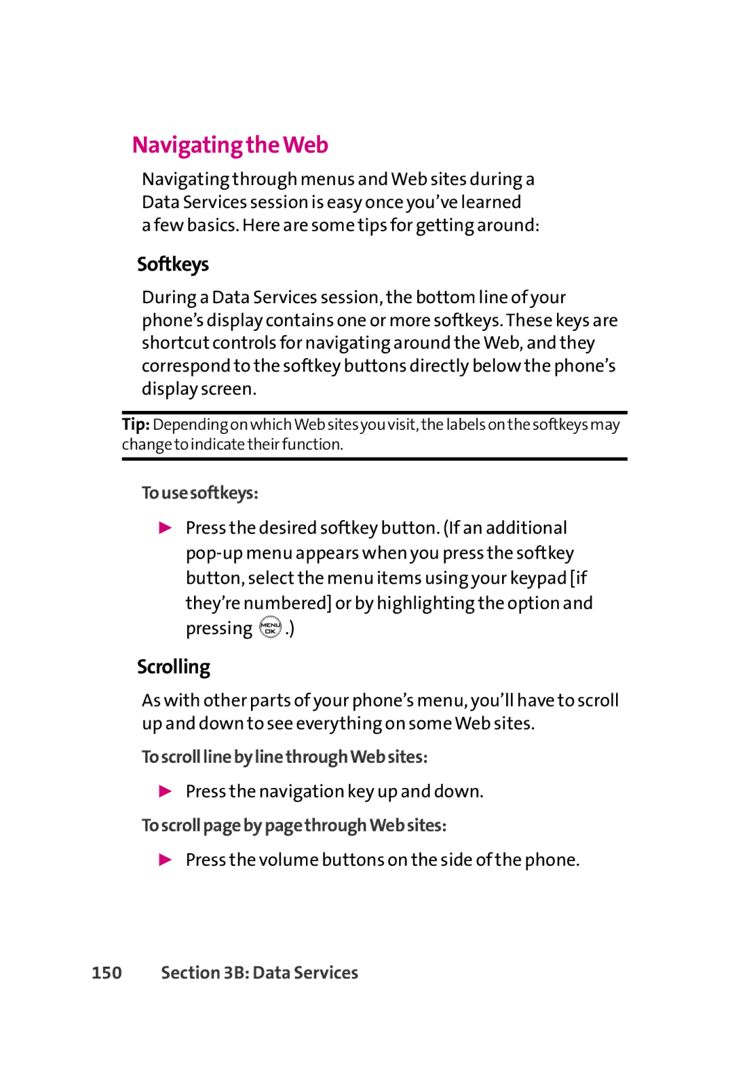 LG Electronics 350 manual Navigating theWeb, Softkeys, Scrolling 