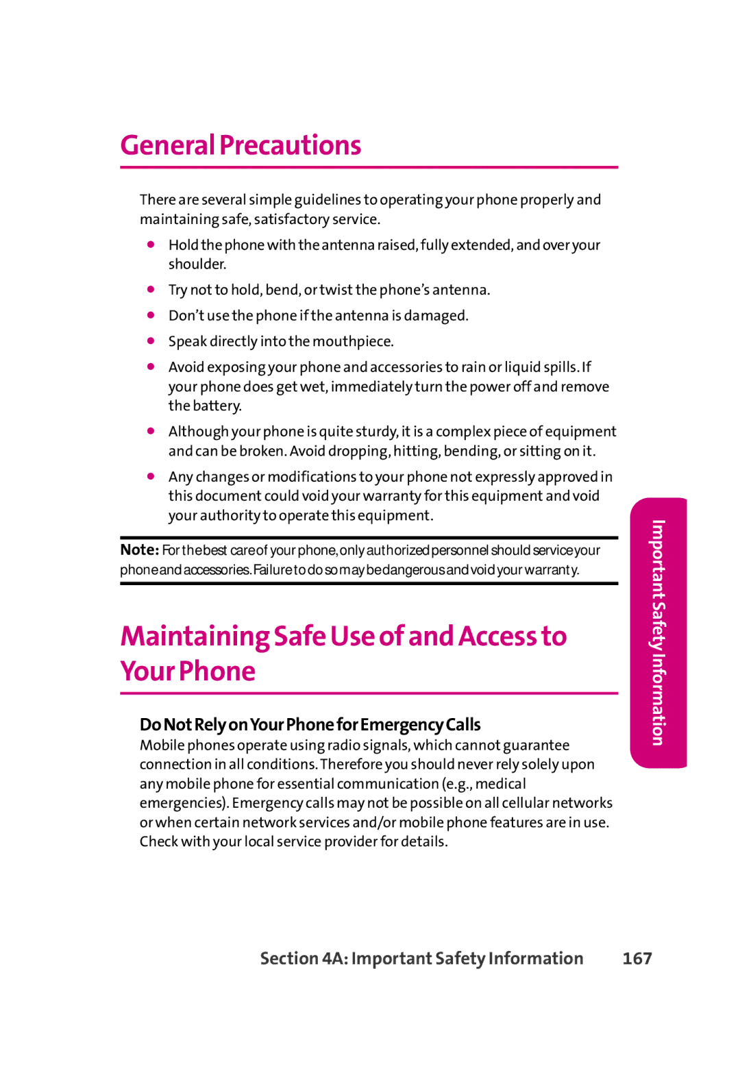 LG Electronics 350 manual General Precautions, Maintaining Safe Use of and Access to Your Phone, 167 