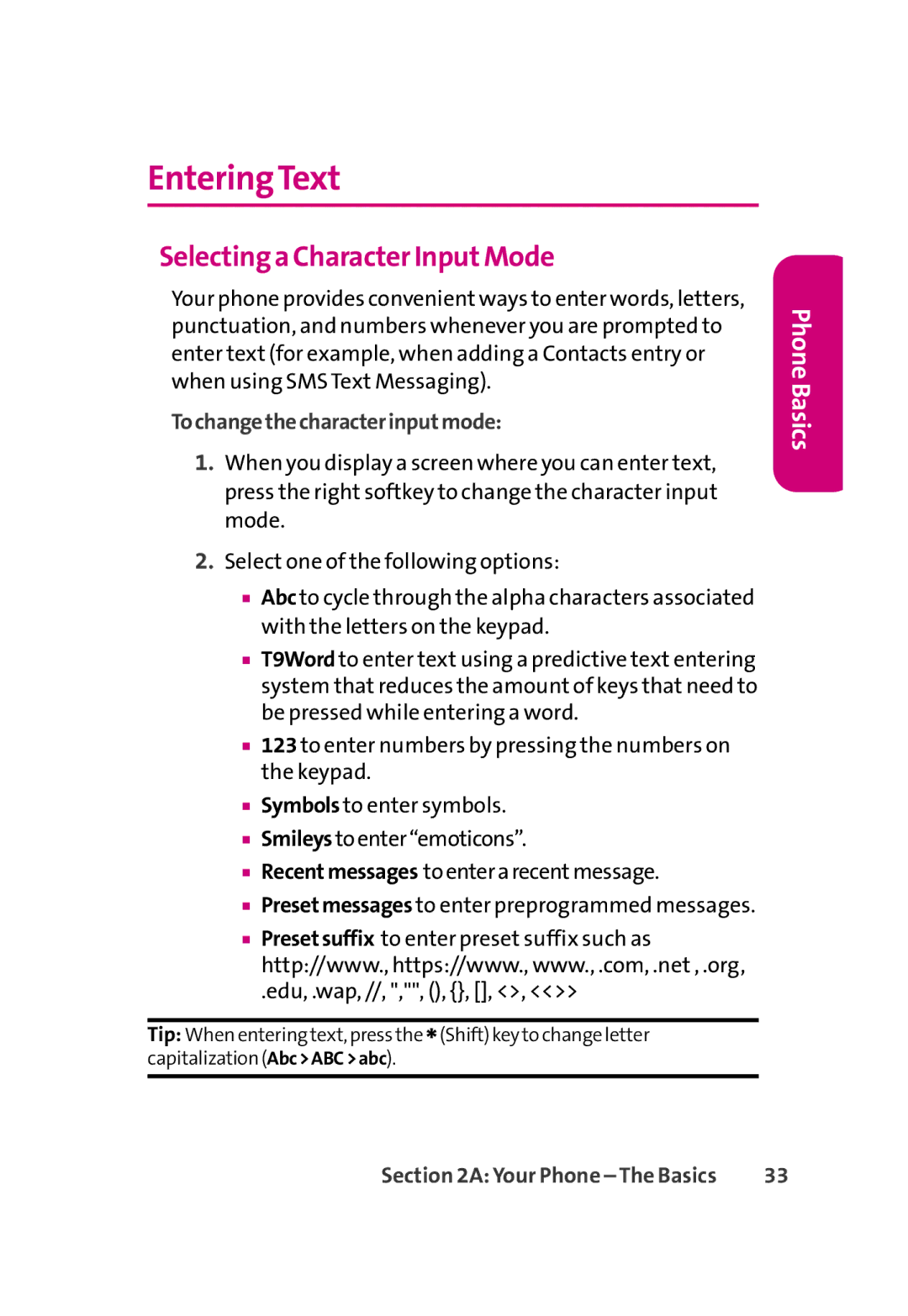 LG Electronics 350 manual EnteringText, Selectinga Character InputMode, Tochangethecharacterinputmode 