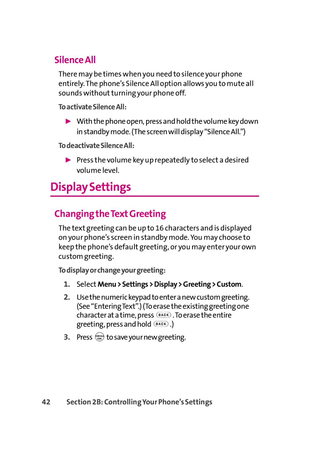 LG Electronics 350 manual Display Settings, Silence All, Changing theTextGreeting 