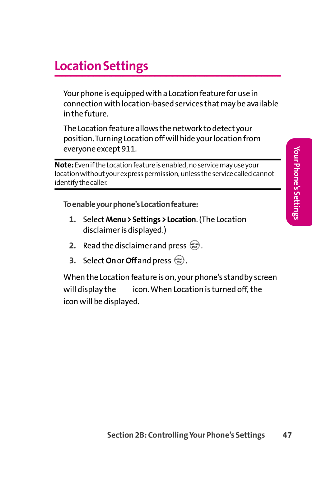 LG Electronics 350 manual Location Settings, Toenableyourphone’sLocationfeature 