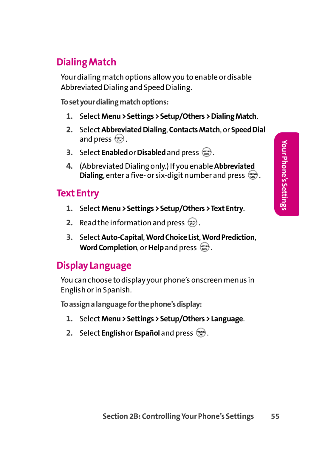 LG Electronics 350 manual Dialing Match, TextEntry, Display Language, Tosetyourdialingmatchoptions 