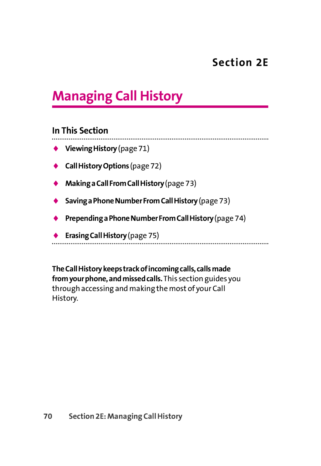 LG Electronics 350 manual Managing Call History 