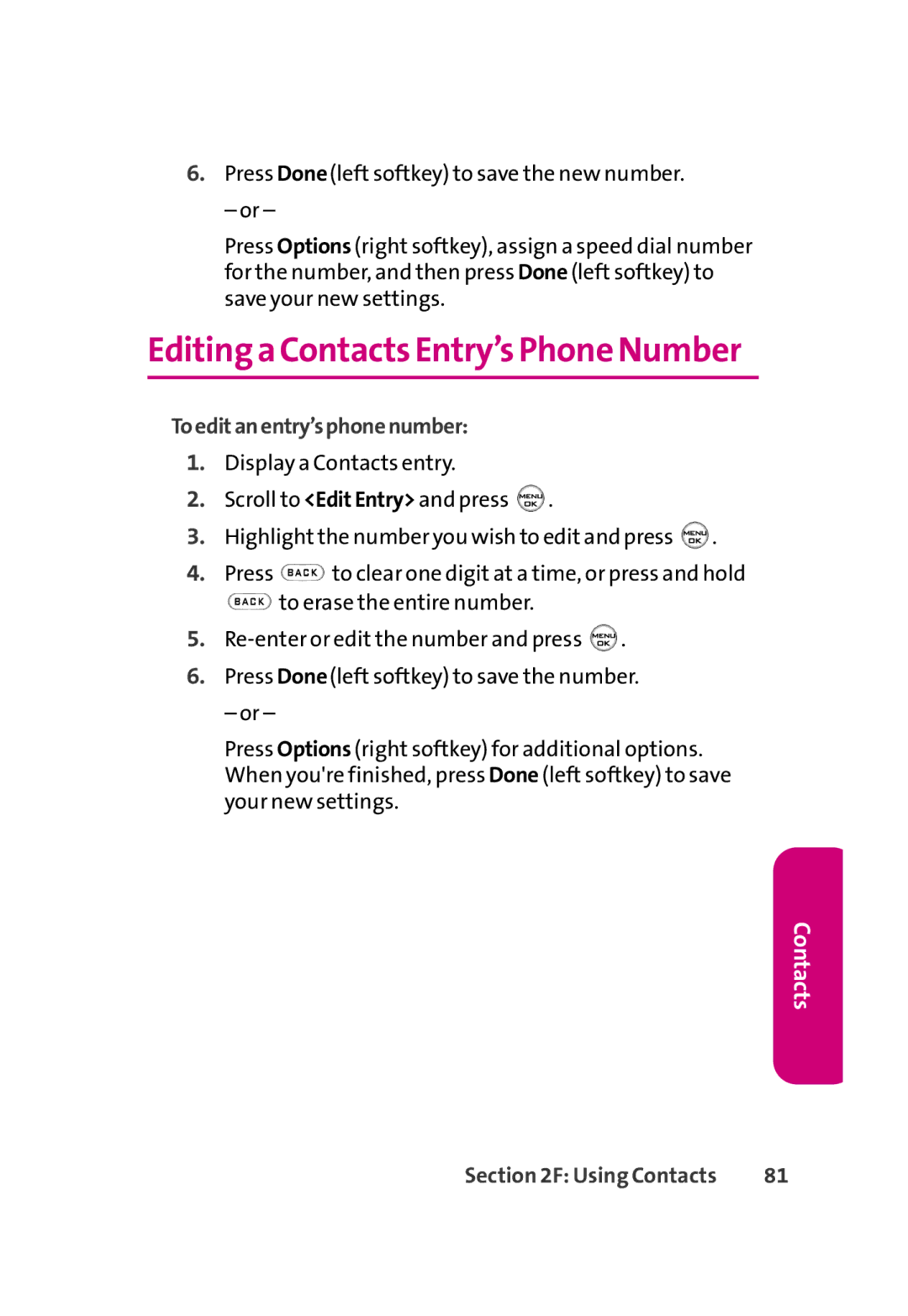 LG Electronics 350 manual Editing a Contacts Entry’s Phone Number, Toeditanentry’sphonenumber 