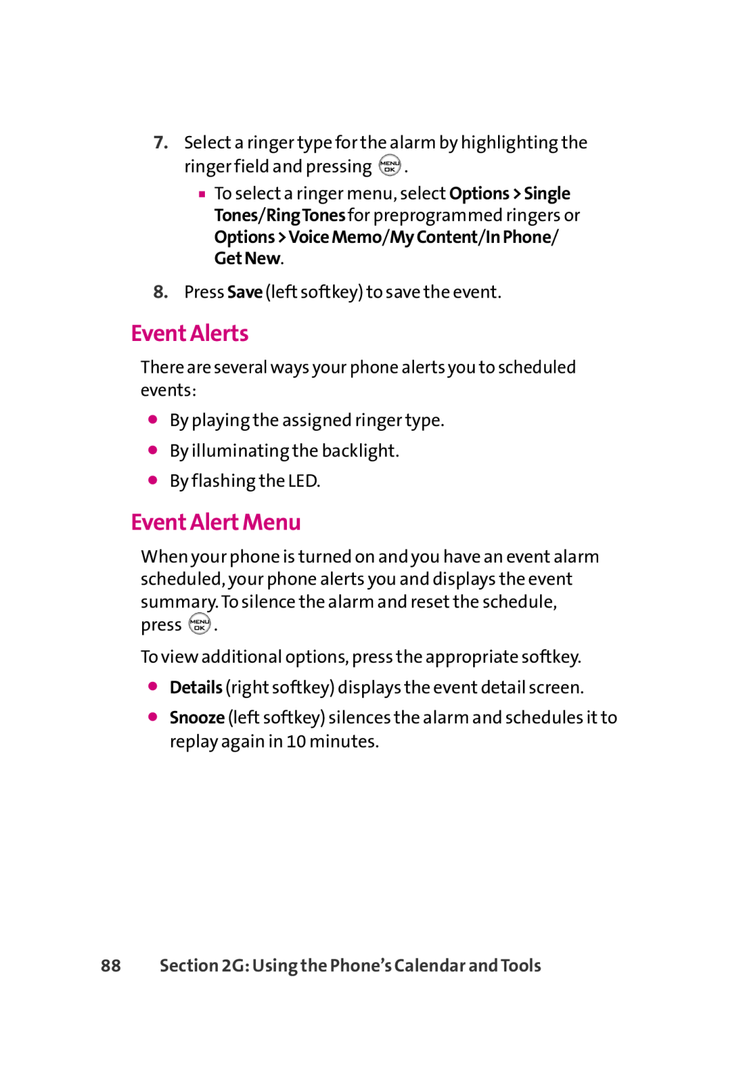 LG Electronics 350 manual Event Alerts, Event Alert Menu, G Using the Phone’s Calendar and Tools 