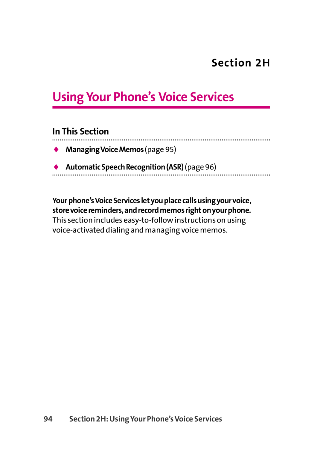 LG Electronics 350 manual Using Your Phone’s Voice Services, H, ManagingVoiceMemospage AutomaticSpeechRecognitionASRpage 