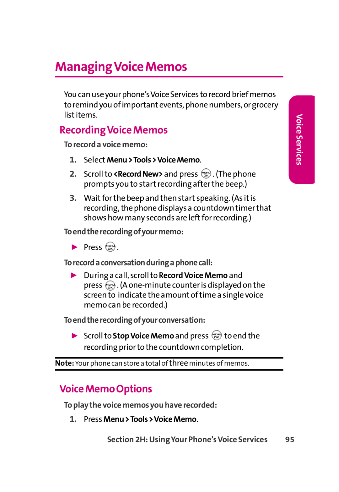 LG Electronics 350 Managing Voice Memos, Recording Voice Memos, Voice Memo Options, Voice Services, To record a voice memo 