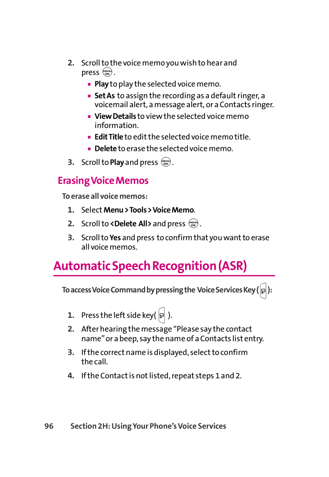 LG Electronics 350 manual Automatic Speech Recognition ASR, ErasingVoice Memos, To erase all voice memos 