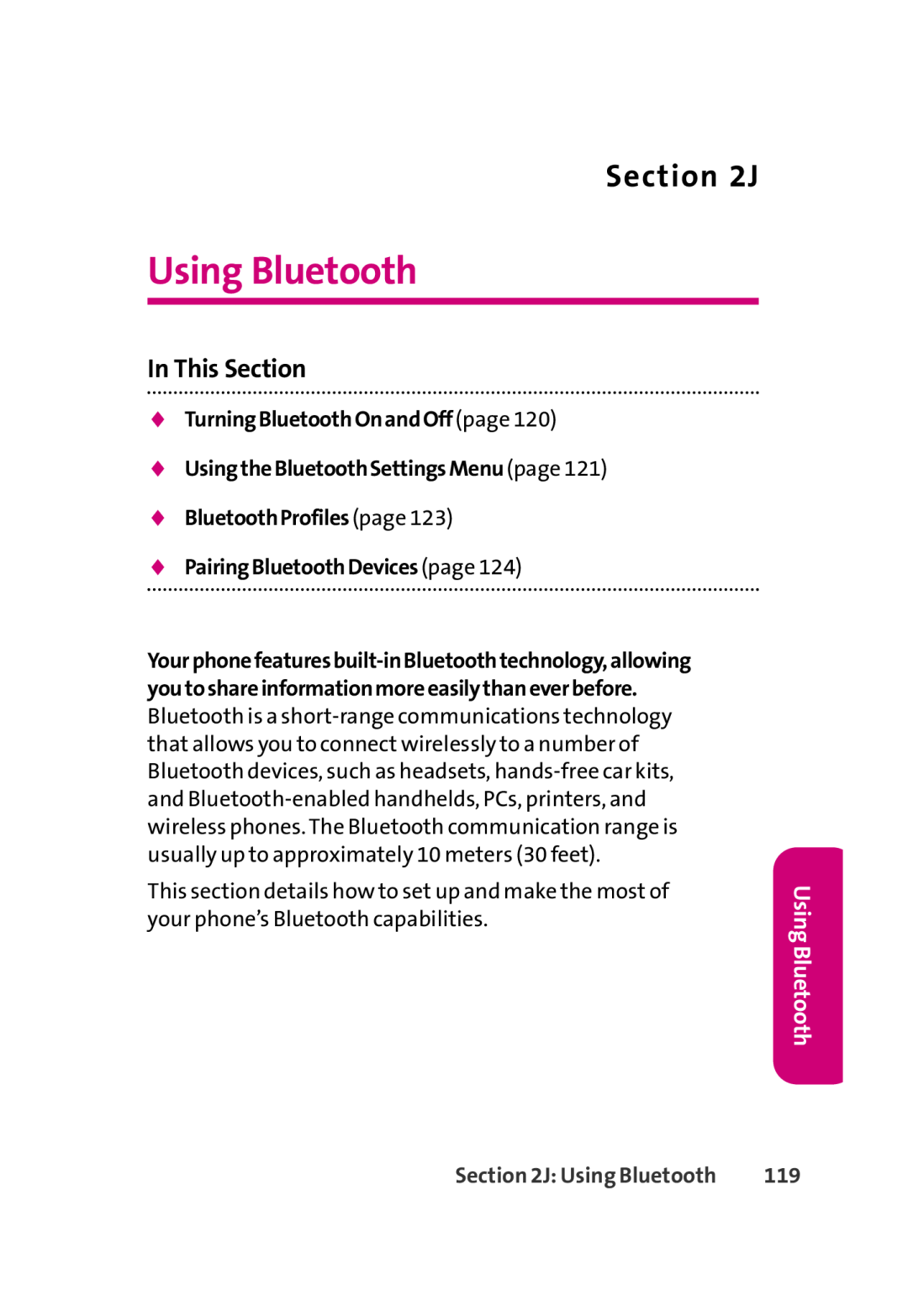 LG Electronics 350 Using Bluetooth, J, TurningBluetoothOnandOffpage UsingtheBluetoothSettingsMenupage, In This Section 