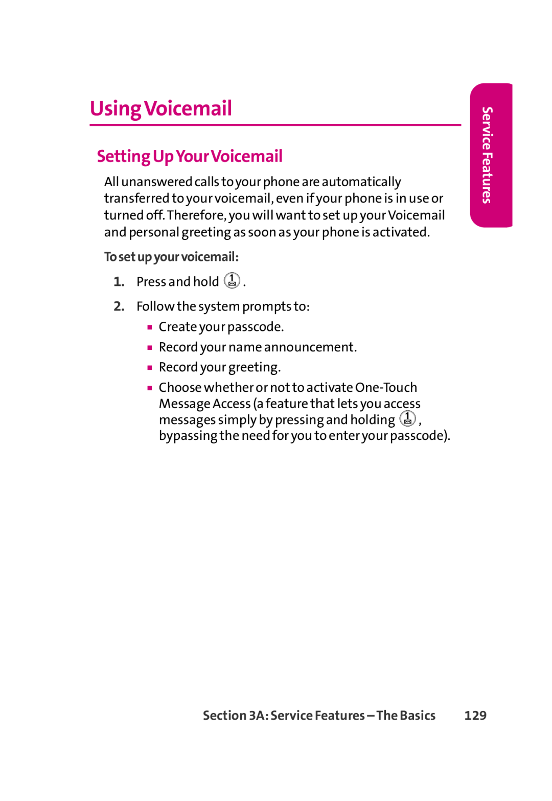 LG Electronics 350 manual UsingVoicemail, Setting UpYourVoicemail, Service Features, Tosetupyourvoicemail 