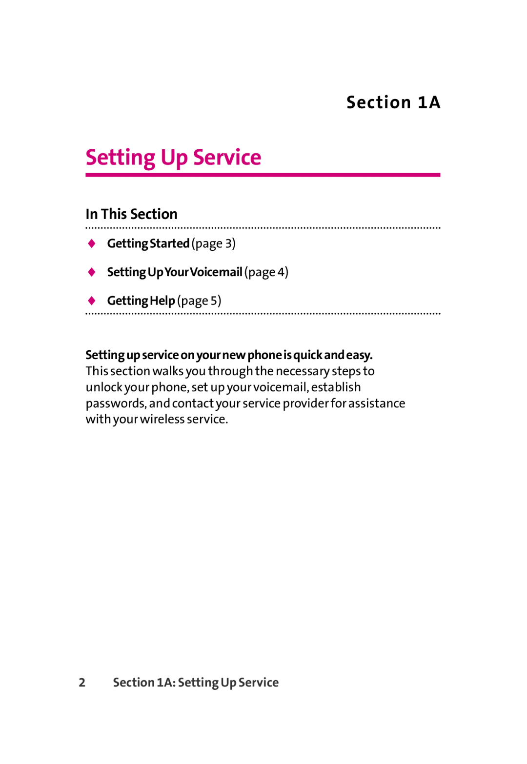 LG Electronics 350 Setting Up Service, A, In This Section, GettingStartedpage SettingUpYourVoicemailpage GettingHelp page 
