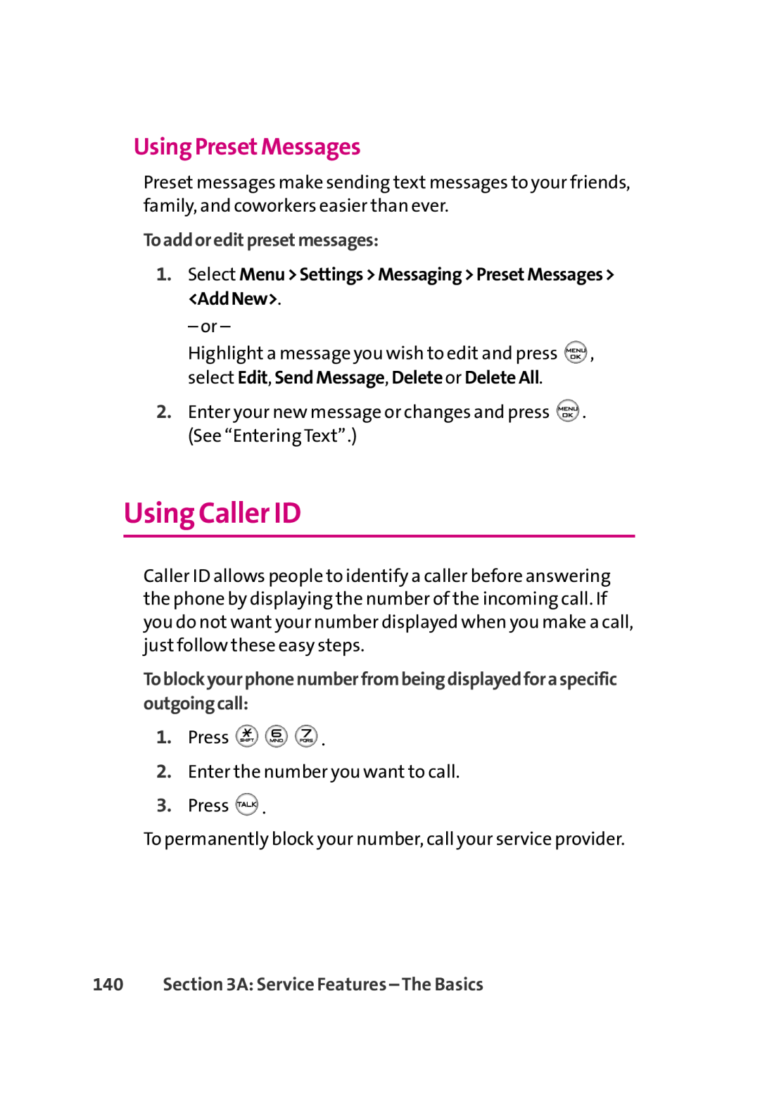 LG Electronics 350 manual Using Caller ID, Using PresetMessages, Toaddoreditpresetmessages, A Service Features - The Basics 