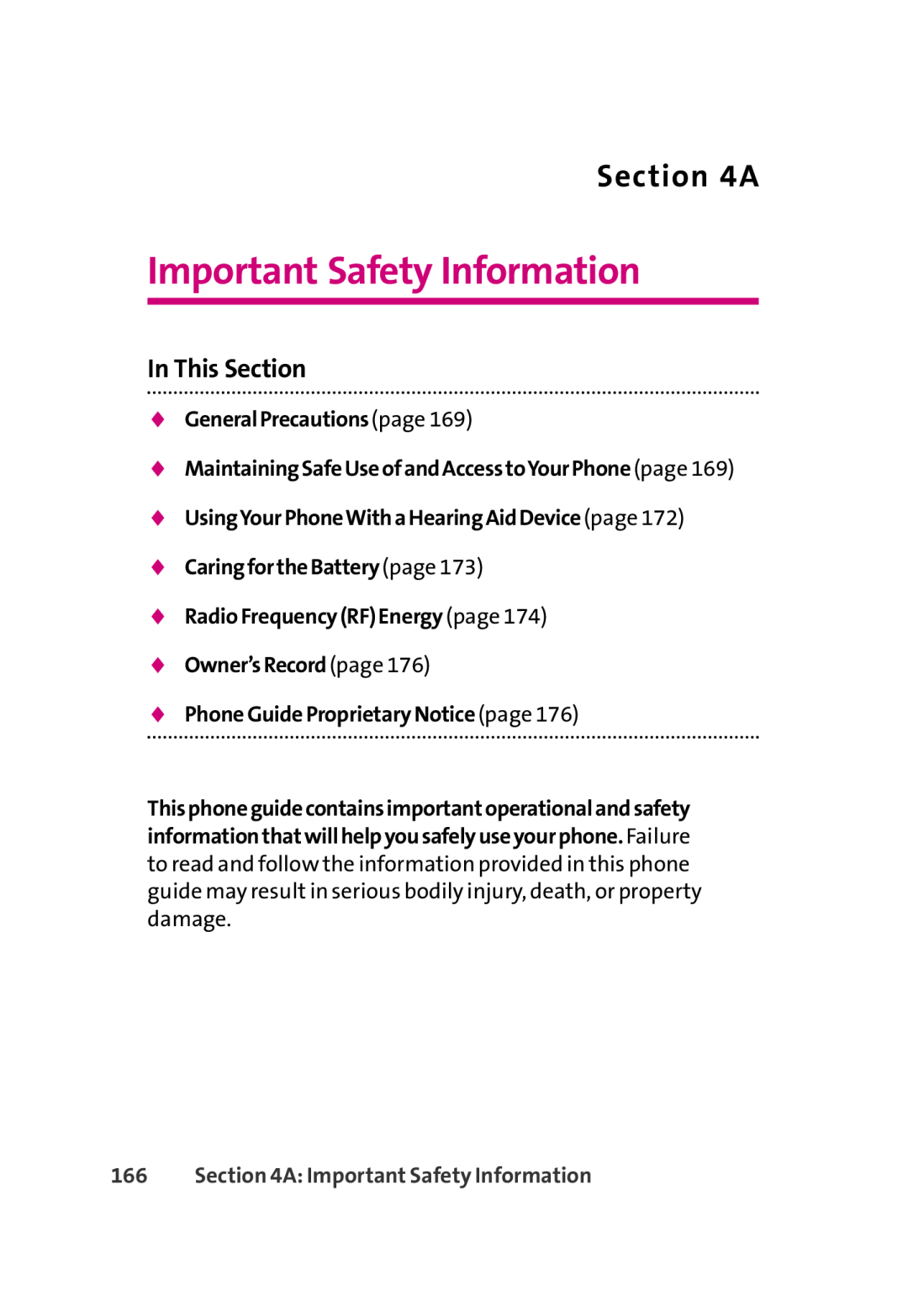 LG Electronics 350 Important Safety Information, GeneralPrecautionspage MaintainingSafeUseofandAccesstoYourPhonepage 