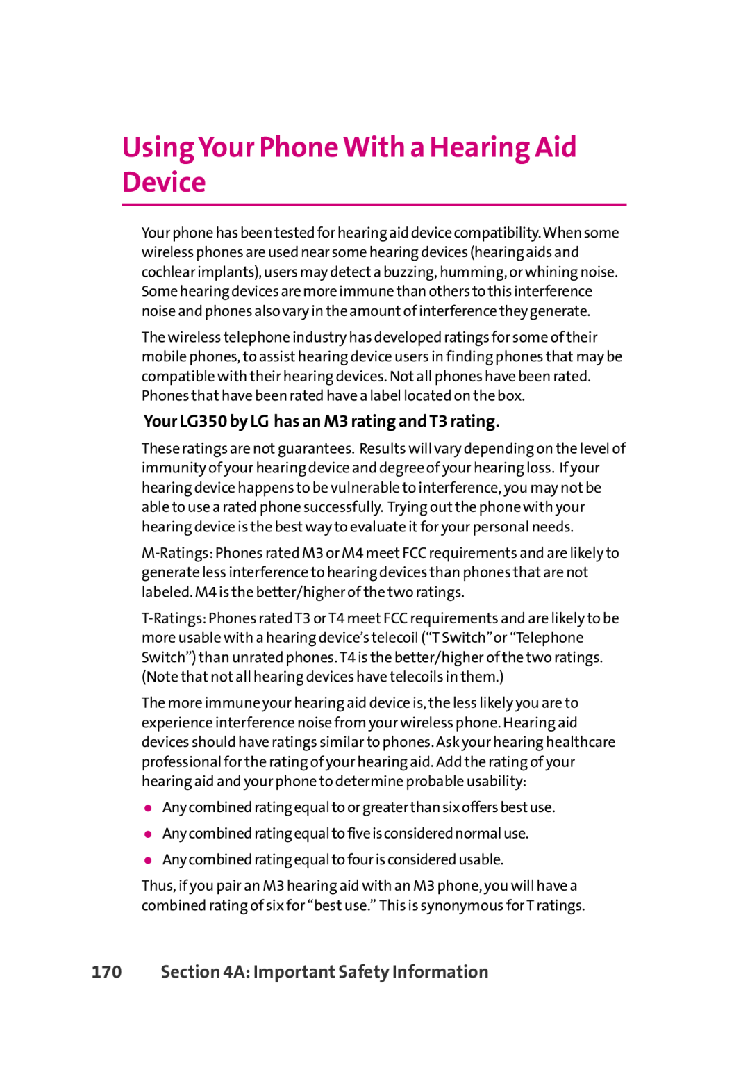 LG Electronics manual Using Your Phone With a Hearing Aid Device, Your LG350 by LG has an M3 rating and T3 rating 