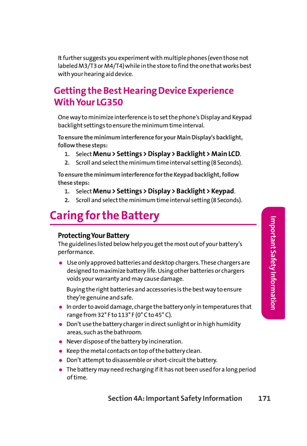 LG Electronics manual Caring for the Battery, Getting the Best Hearing Device Experience With Your LG350 