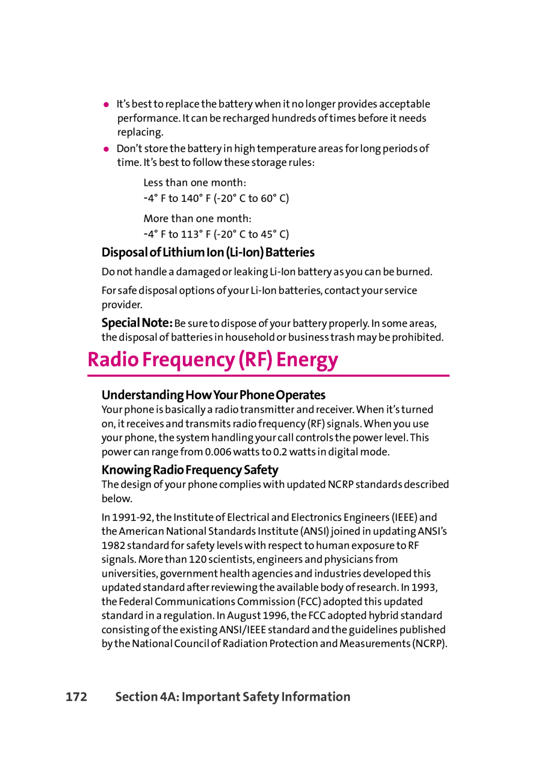 LG Electronics 350 manual Radio Frequency RF Energy, DisposalofLithiumIonLi-IonBatteries, UnderstandingHowYourPhoneOperates 