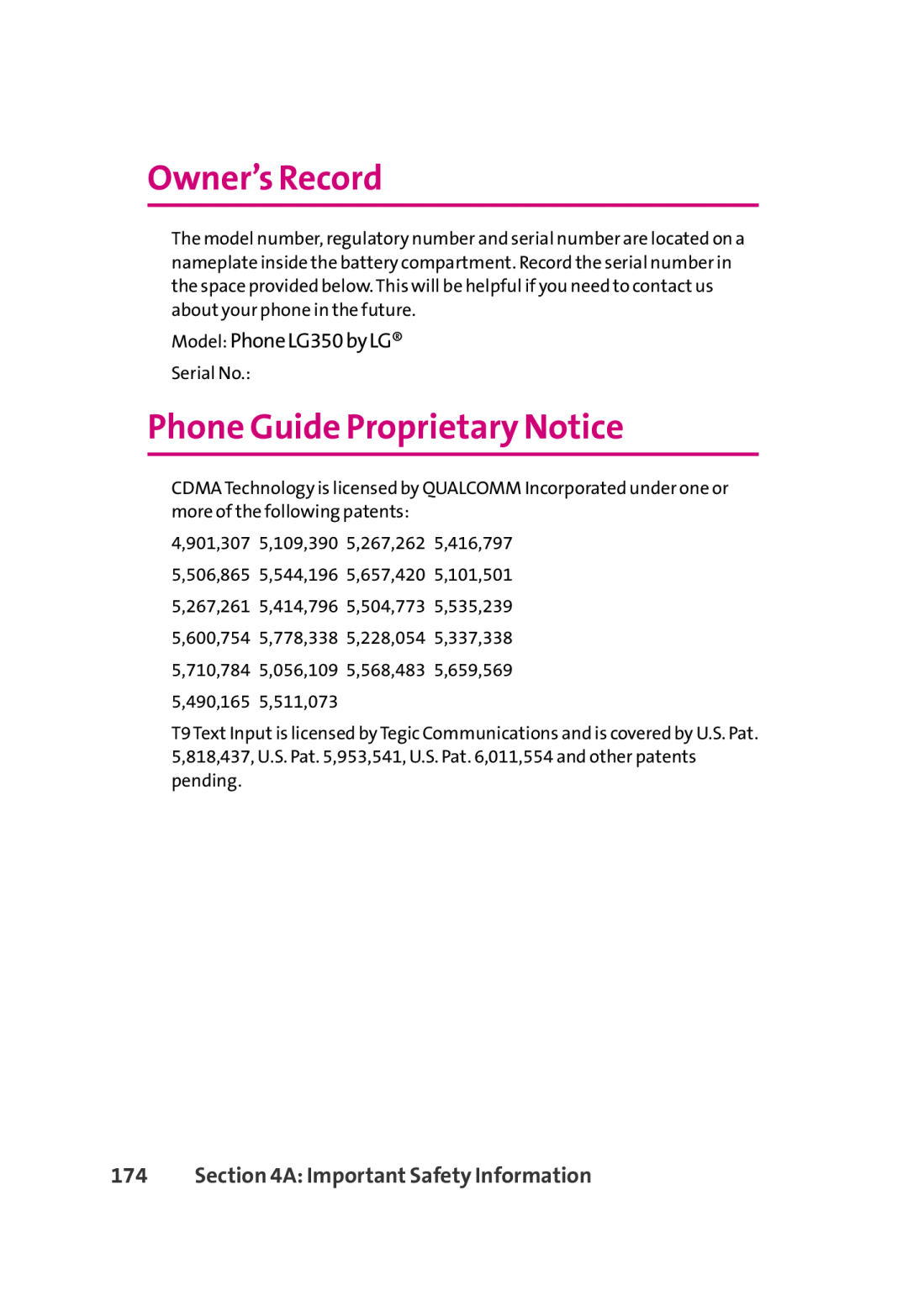 LG Electronics 350 manual Owner’s Record, Phone Guide Proprietary Notice, A Important Safety Information 