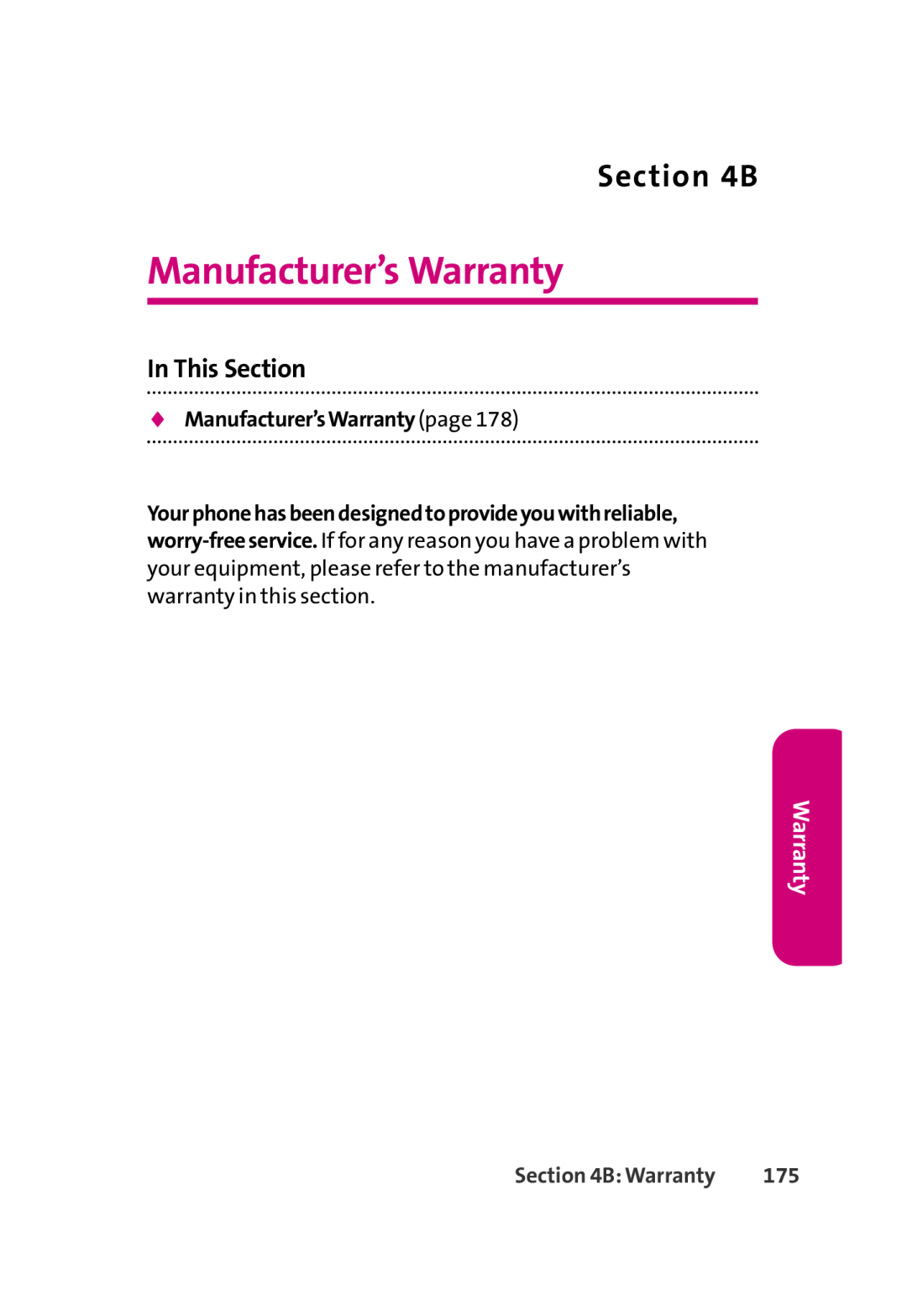 LG Electronics 350 manual Manufacturer’s Warranty, Manufacturer’sWarrantypage, B Warranty, In This Section 
