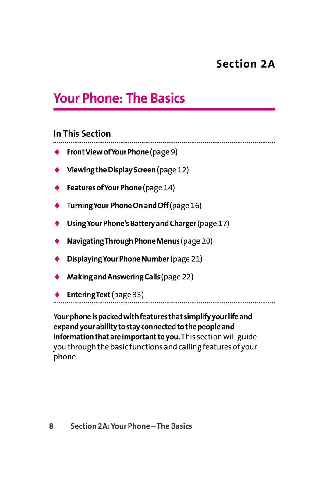 LG Electronics 350 manual Your Phone The Basics, A, FrontViewofYourPhonepage ViewingtheDisplayScreenpage, EnteringText page 