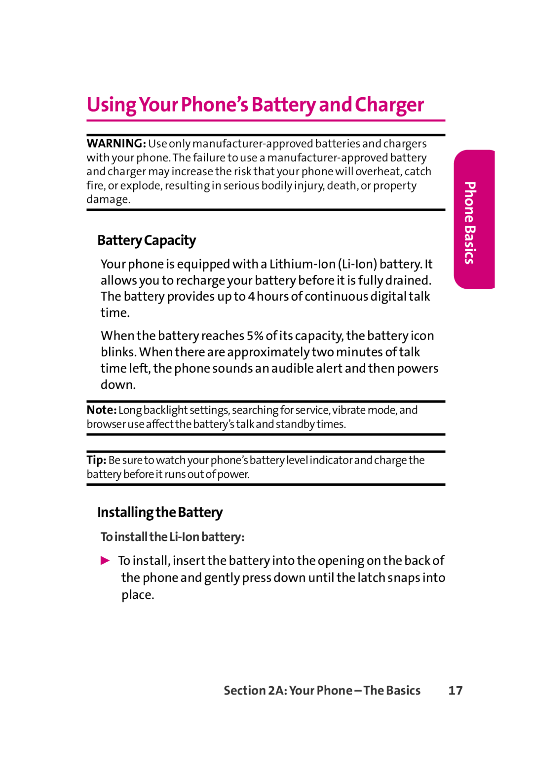 LG Electronics 350 UsingYour Phone’s Batteryand Charger, BatteryCapacity, InstallingtheBattery, ToinstalltheLi-Ionbattery 
