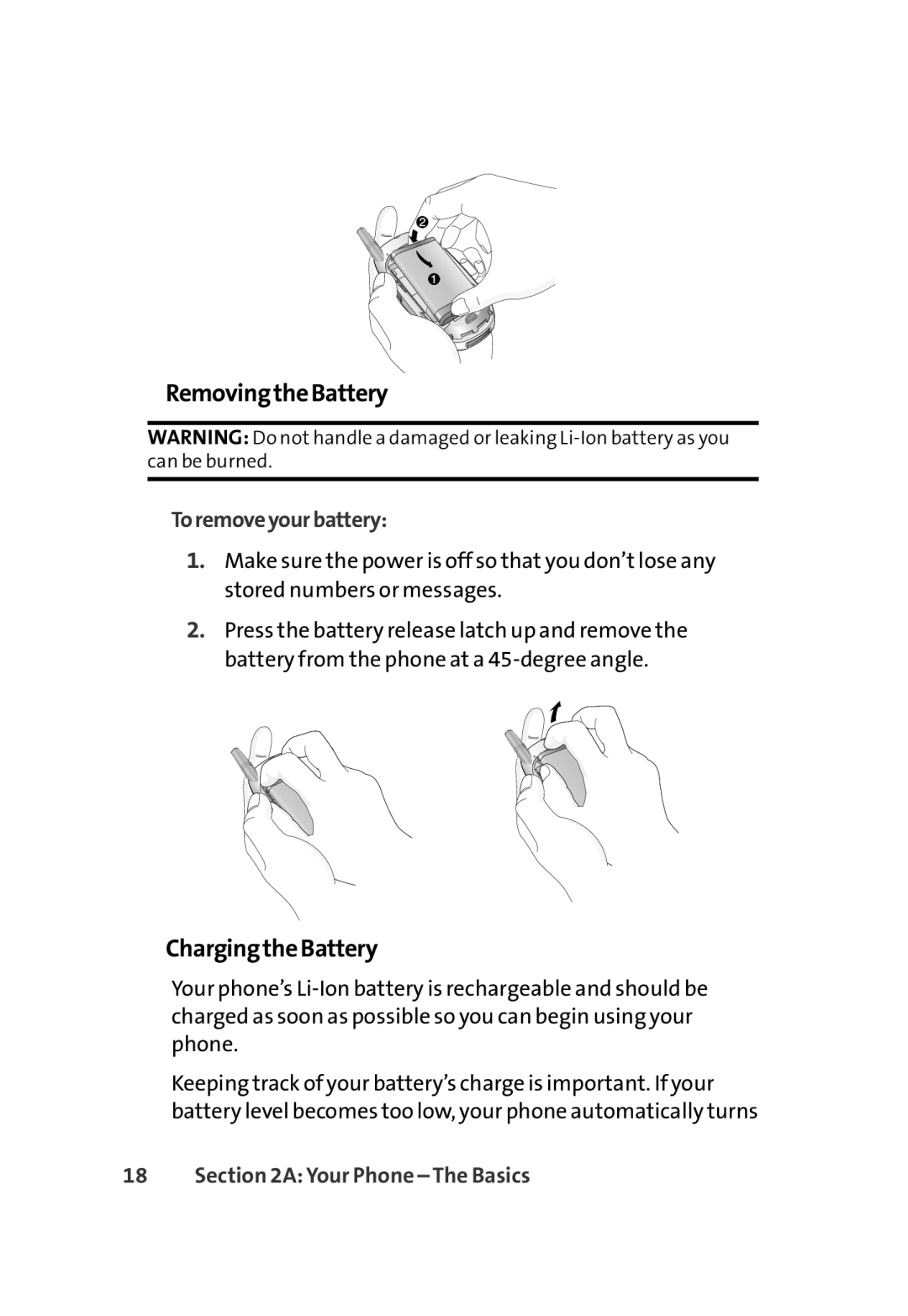 LG Electronics 350 manual RemovingtheBattery, ChargingtheBattery, Toremoveyourbattery, A Your Phone - The Basics 